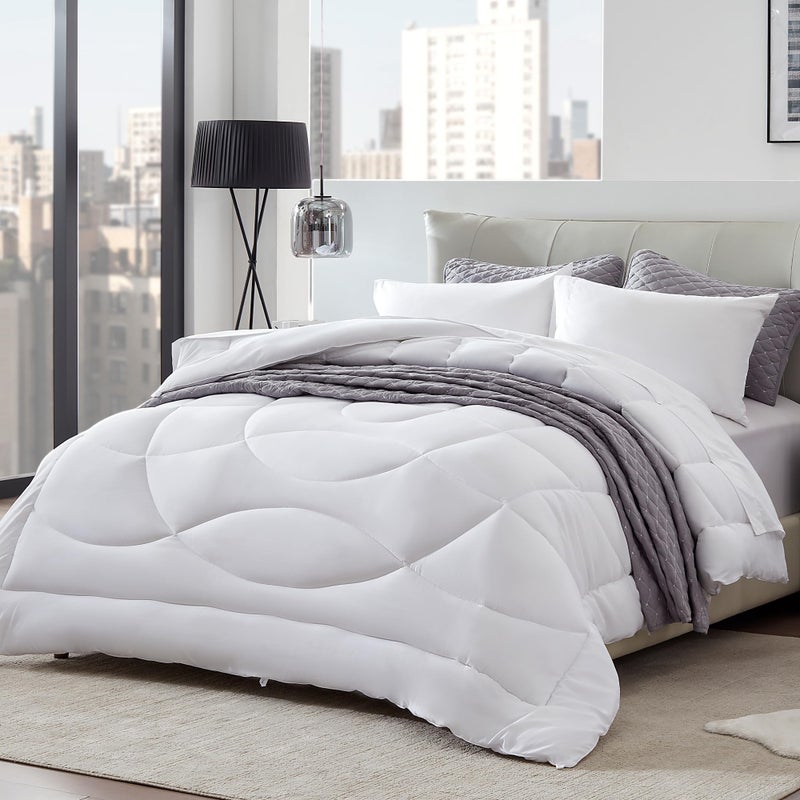 SLEEP ZONE لحاف سليب زون، لحاف كينغ مقاس، لحاف قابل للعكس مبطن، لحاف ناعم لجميع الفصول، أغطية تنفس بديلة للريش مع 8 حلقات، جانبين أبيض 102 x 88 بوصة - Image 2